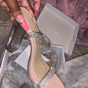 Nude Diamante Strap Clear Block Heel